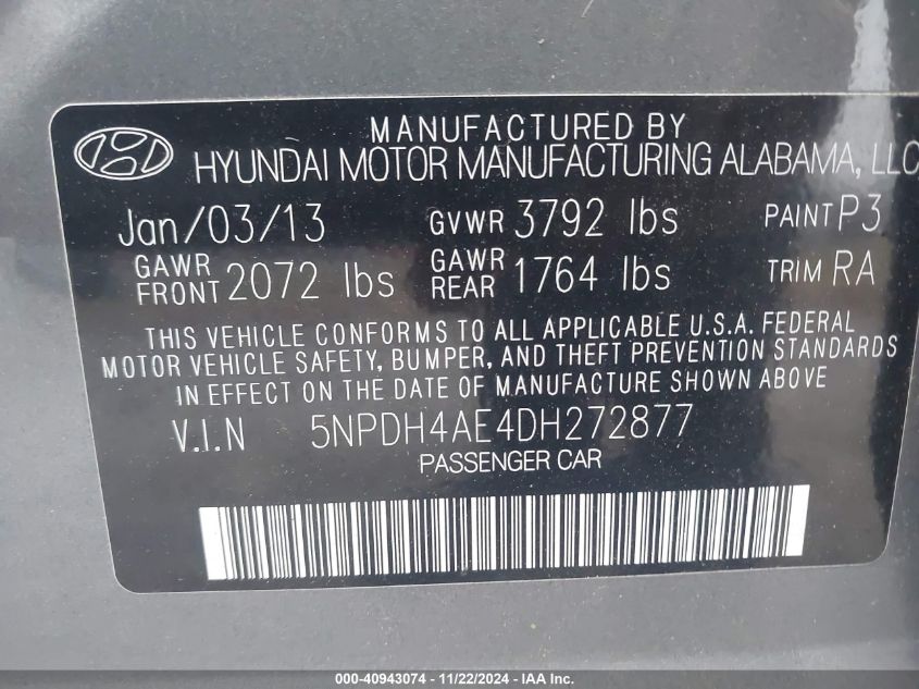 2013 Hyundai Elantra Gls VIN: 5NPDH4AE4DH272877 Lot: 40943074