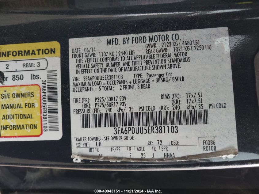 VIN 3FA6P0UU5ER381103 2014 Ford Fusion, Hybrid S no.9