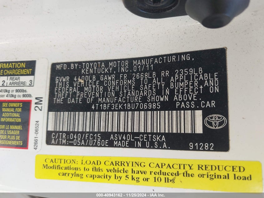 2011 TOYOTA CAMRY VIN: 4T1BF3EK1BU706985