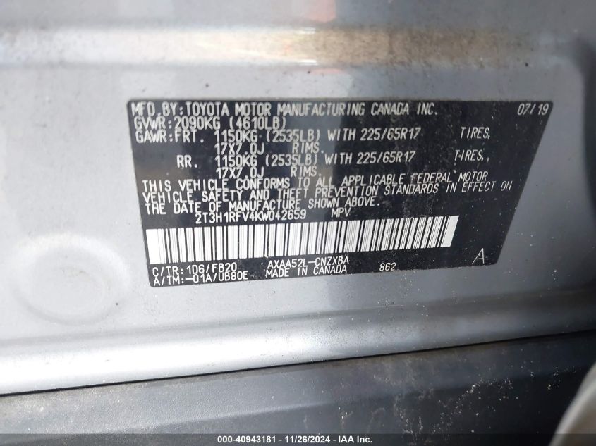 VIN 2T3H1RFV4KW042659 2019 Toyota RAV4, LE no.9