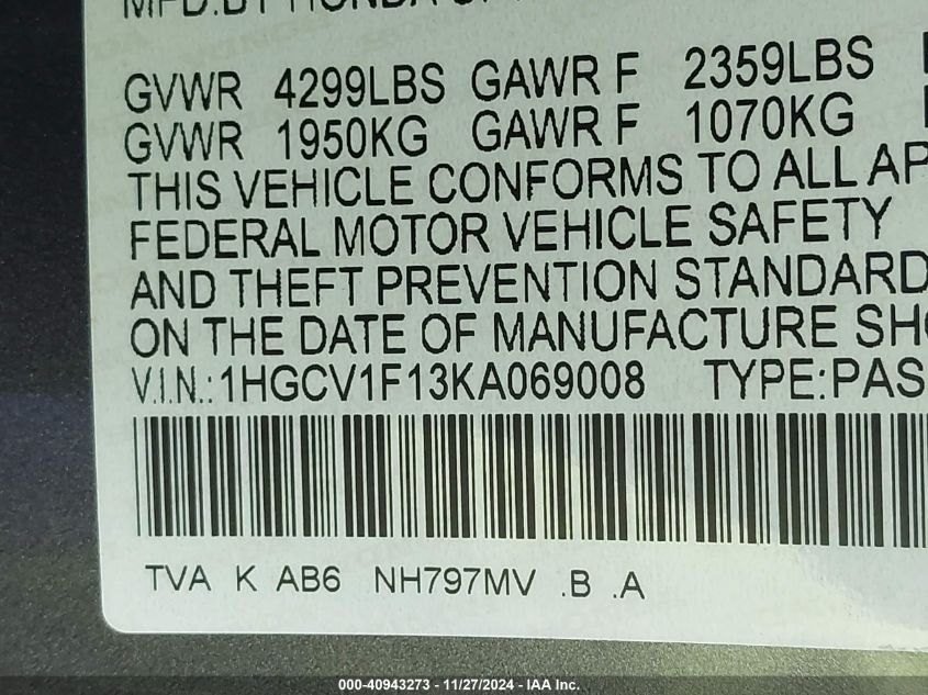 VIN 1HGCV1F13KA069008 2019 Honda Accord, LX no.9