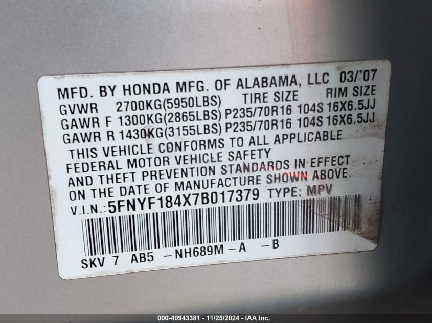 2007 Honda Pilot Ex VIN: 5FNYF184X7B017379 Lot: 40943381