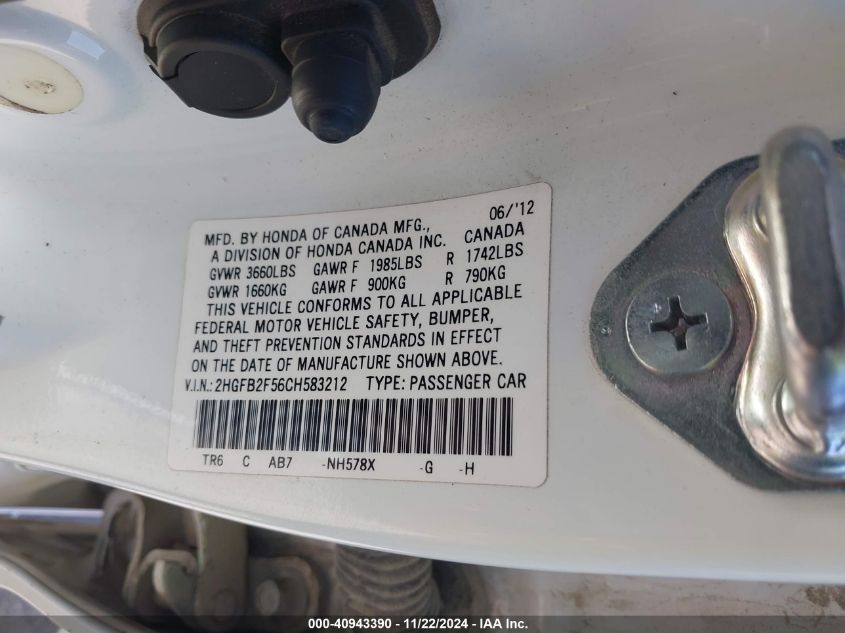 2012 HONDA CIVIC VIN: 2HGFB2F56CH583212