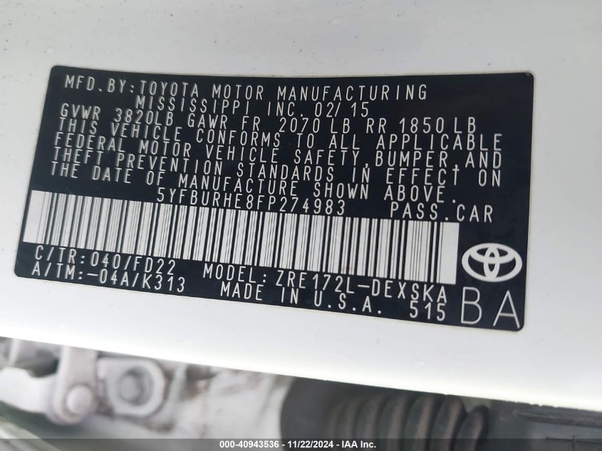 2015 TOYOTA COROLLA S PLUS - 5YFBURHE8FP274983