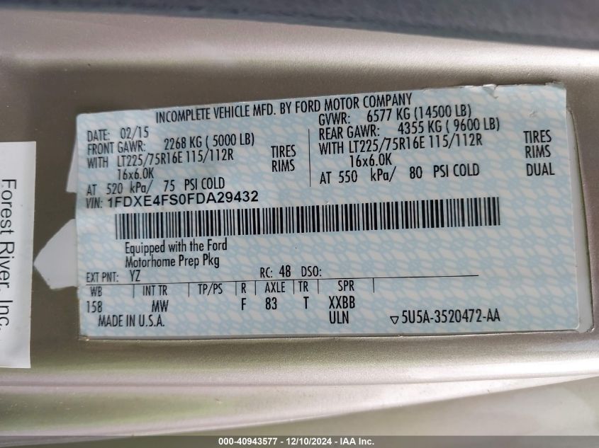 2015 Ford E-450 Cutaway VIN: 1FDXE4FS0FDA29432 Lot: 40943577