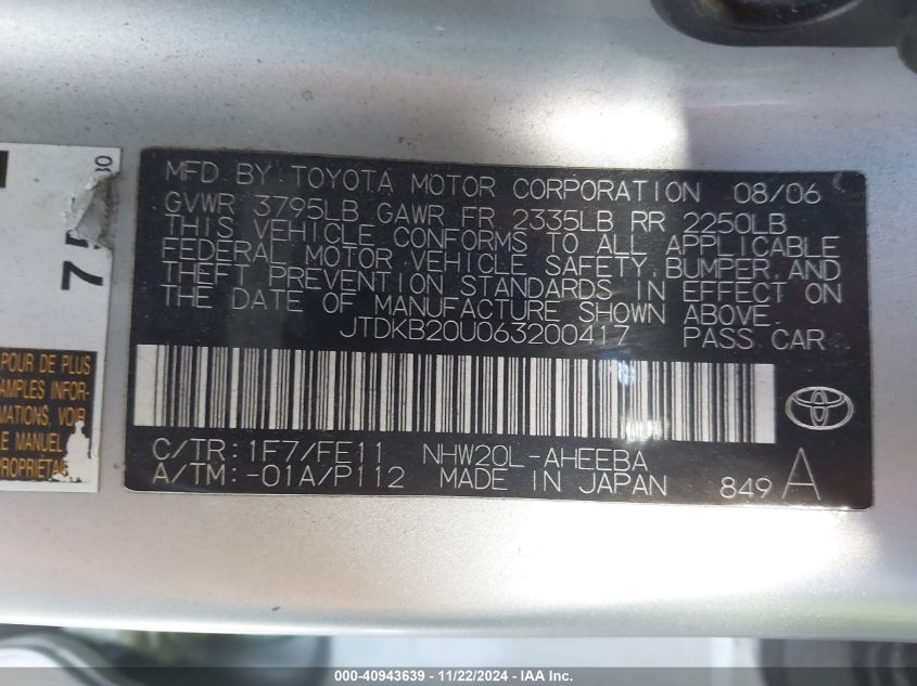 2006 Toyota Prius VIN: JTDKB20U063200417 Lot: 40943639