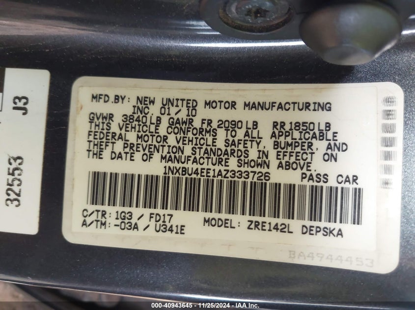 2010 TOYOTA COROLLA VIN: 1NXBU4EE1AZ333726