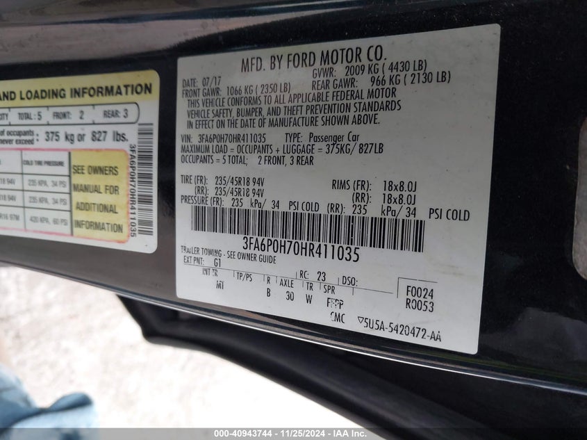 2017 FORD FUSION VIN: 3FA6P0H70HR411035