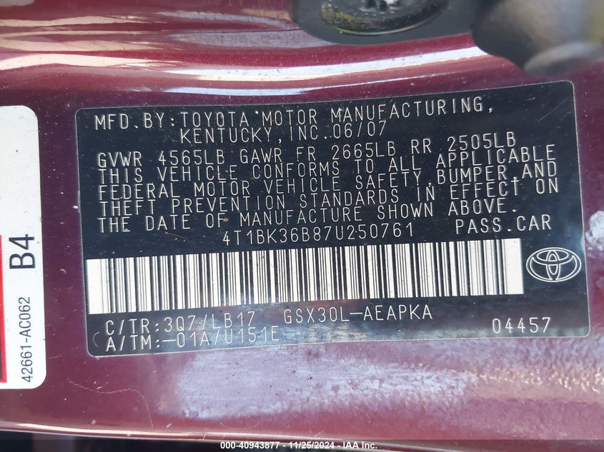 2007 Toyota Avalon Limited VIN: 4T1BK36B87U250761 Lot: 40943877