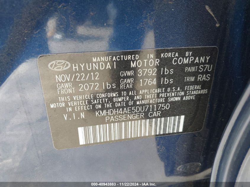 2013 HYUNDAI ELANTRA VIN: KMHDH4AE5DU711750