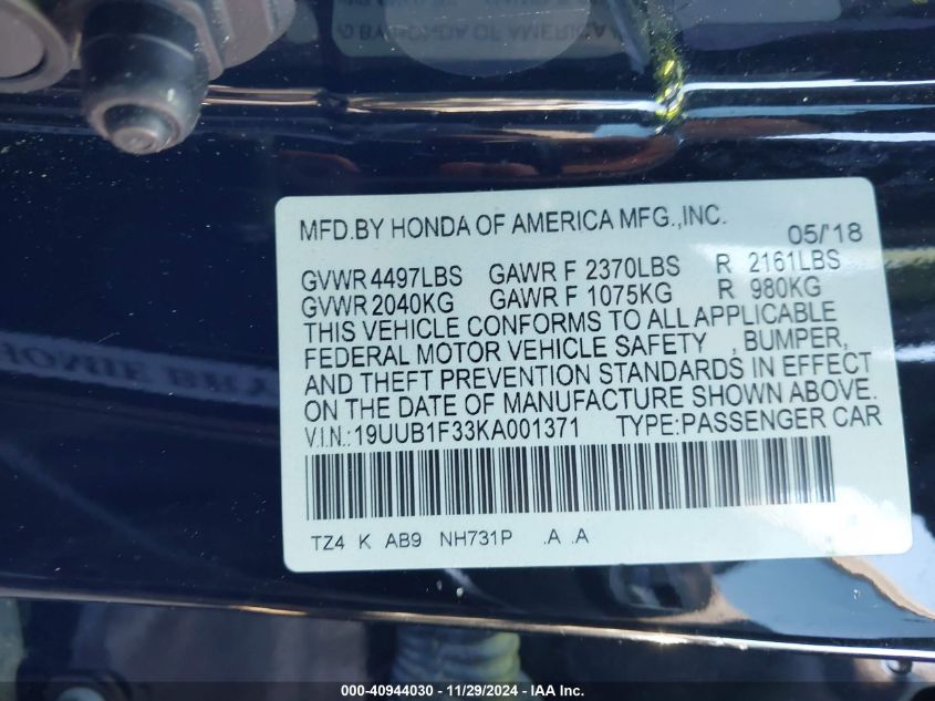 VIN 19UUB1F33KA001371 2019 Acura TLX, Standard no.9