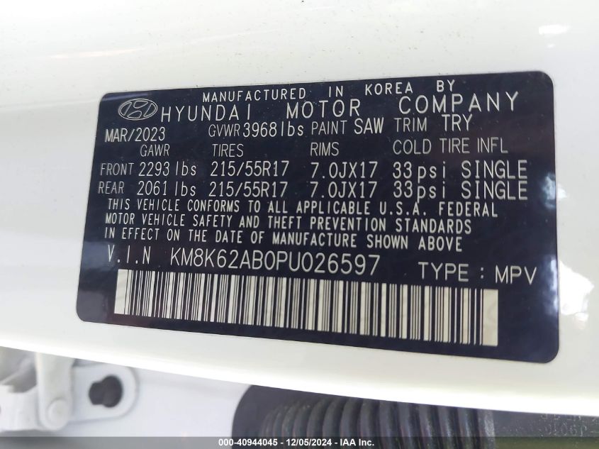 2023 Hyundai Kona Sel VIN: KM8K62AB0PU026597 Lot: 40944045