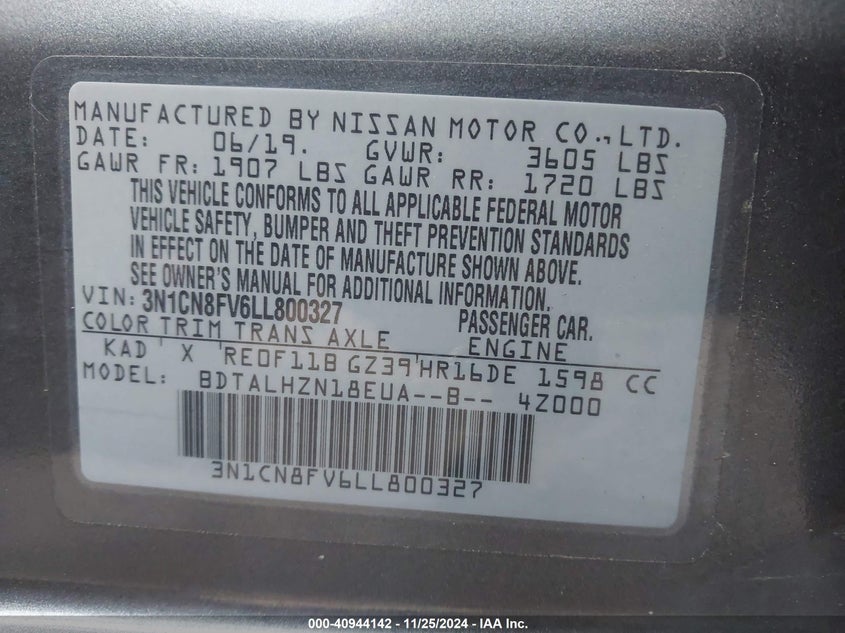 2020 NISSAN VERSA VIN: 3N1CN8FV6LL800327
