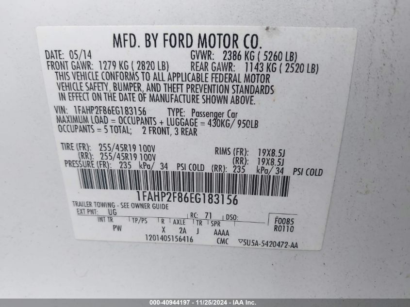 2014 Ford Taurus Limited VIN: 1FAHP2F86EG183156 Lot: 40944197