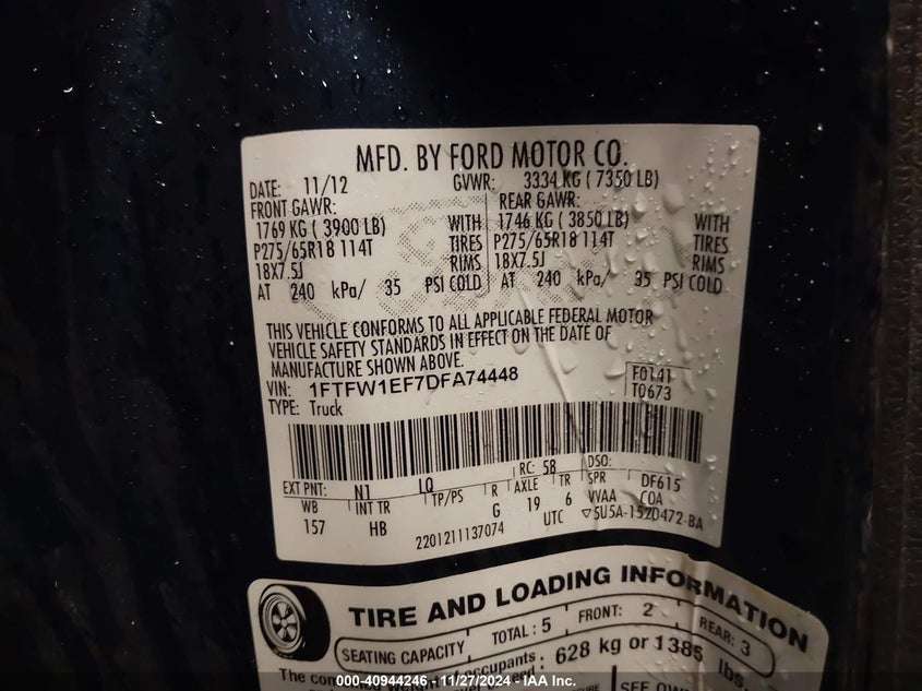 2013 FORD F-150 VIN: 1FTFW1EF7DFA74448