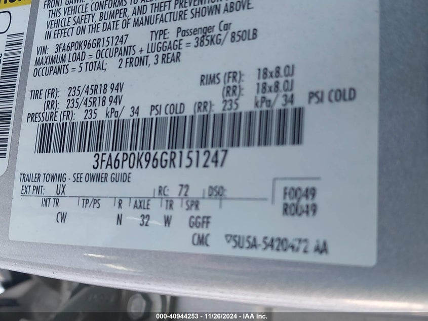 2016 FORD FUSION VIN: 3FA6P0K96GR151247