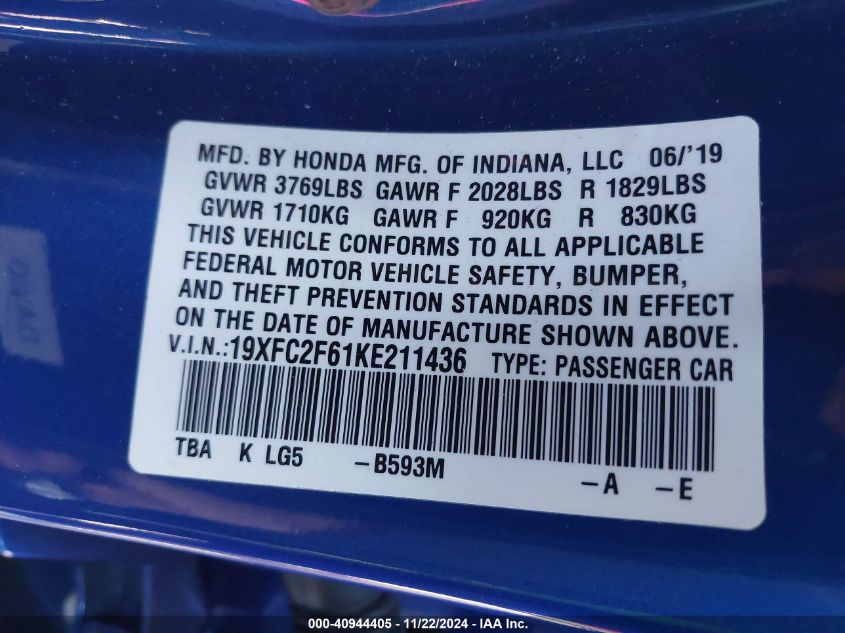 2019 Honda Civic Lx VIN: 19XFC2F61KE211436 Lot: 40944405