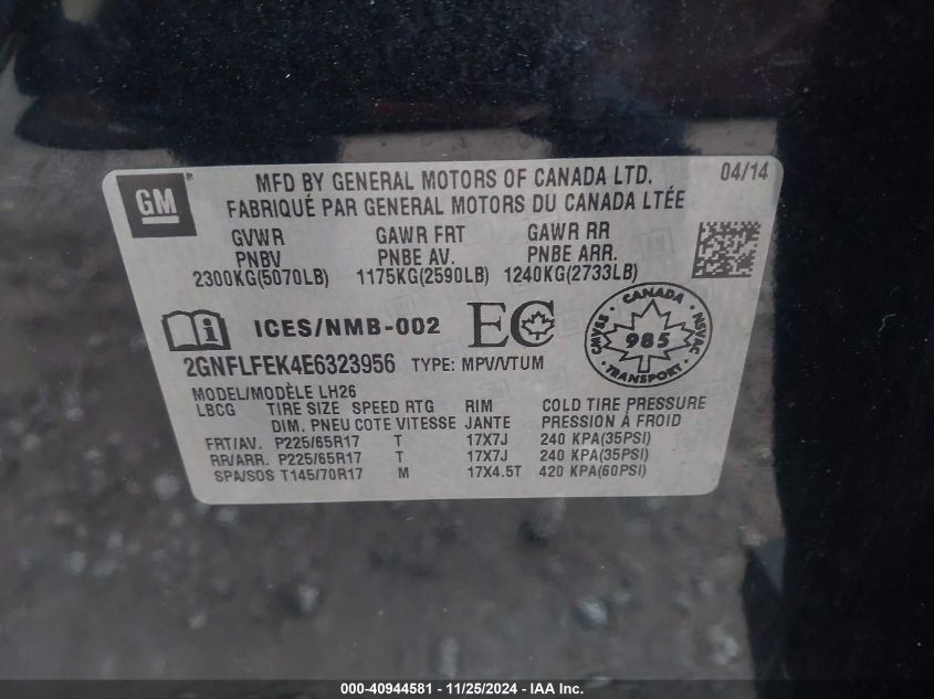 VIN 2GNFLFEK4E6323956 2014 Chevrolet Equinox, 1LT no.9