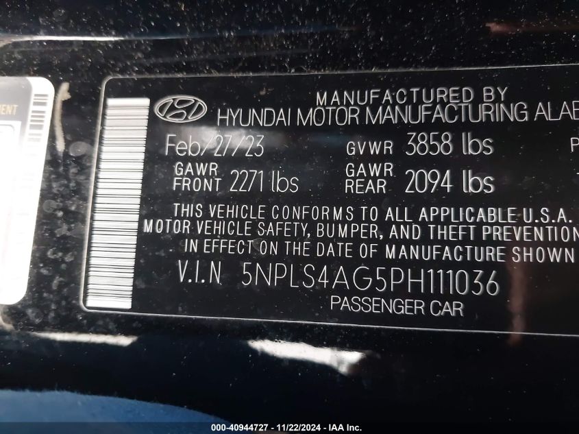 2023 Hyundai Elantra Sel VIN: 5NPLS4AG5PH111036 Lot: 40944727