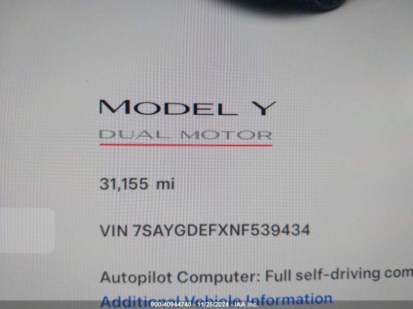 2022 Tesla Model Y Performance Dual Motor All-Wheel Drive VIN: 7SAYGDEFXNF539434 Lot: 40944740