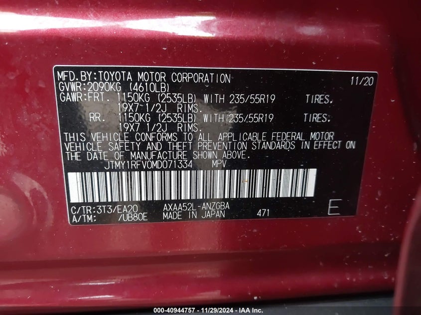 2021 TOYOTA RAV4 LIMITED VIN: JTMY1RFV0MD071334