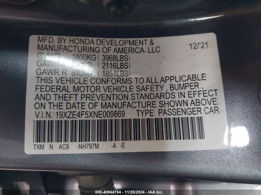 2022 Honda Insight Ex VIN: 19XZE4F5XNE009869 Lot: 40944784