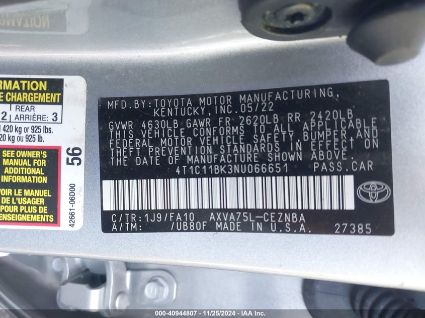 2022 TOYOTA CAMRY VIN: 4T1C11BK3NU066651