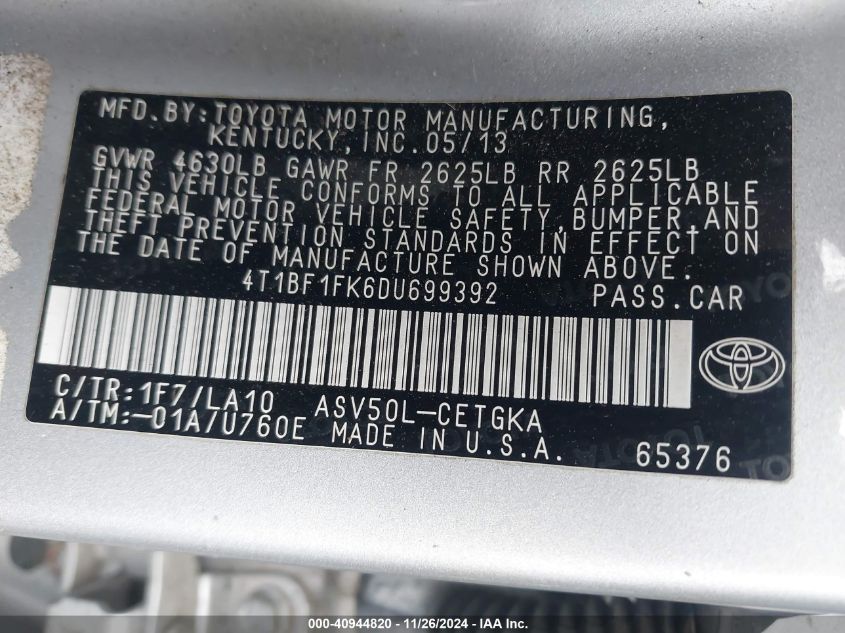 VIN 4T1BF1FK6DU699392 2013 Toyota Camry, Xle no.9