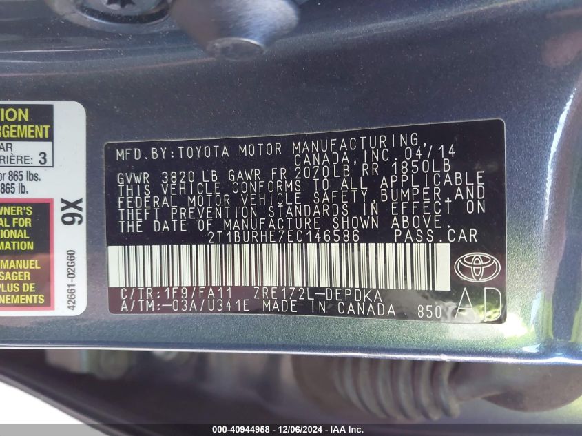 VIN 2T1BURHE7EC146586 2014 Toyota Corolla, L no.9