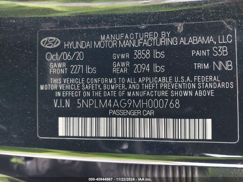 2021 Hyundai Elantra Sel VIN: 5NPLM4AG9MH000768 Lot: 40944967