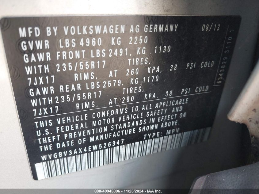 2014 VOLKSWAGEN TIGUAN SE - WVGBV3AX4EW526347