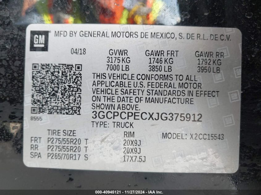 2018 Chevrolet Silverado 1500 Custom VIN: 3GCPCPECXJG375912 Lot: 40945121