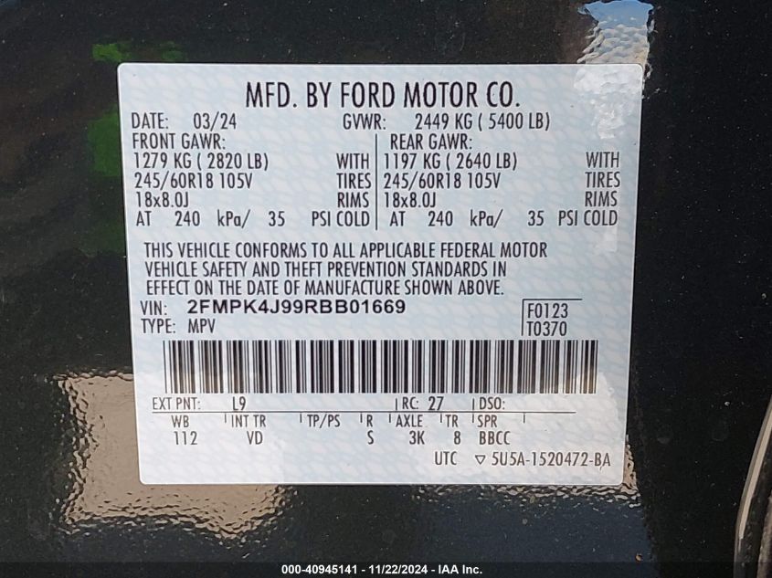 2024 Ford Edge Sel VIN: 2FMPK4J99RBB01669 Lot: 40945141