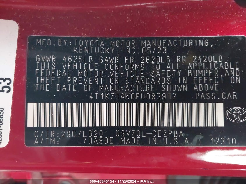 2023 TOYOTA CAMRY VIN: 4T1KZ1AK0PU083917