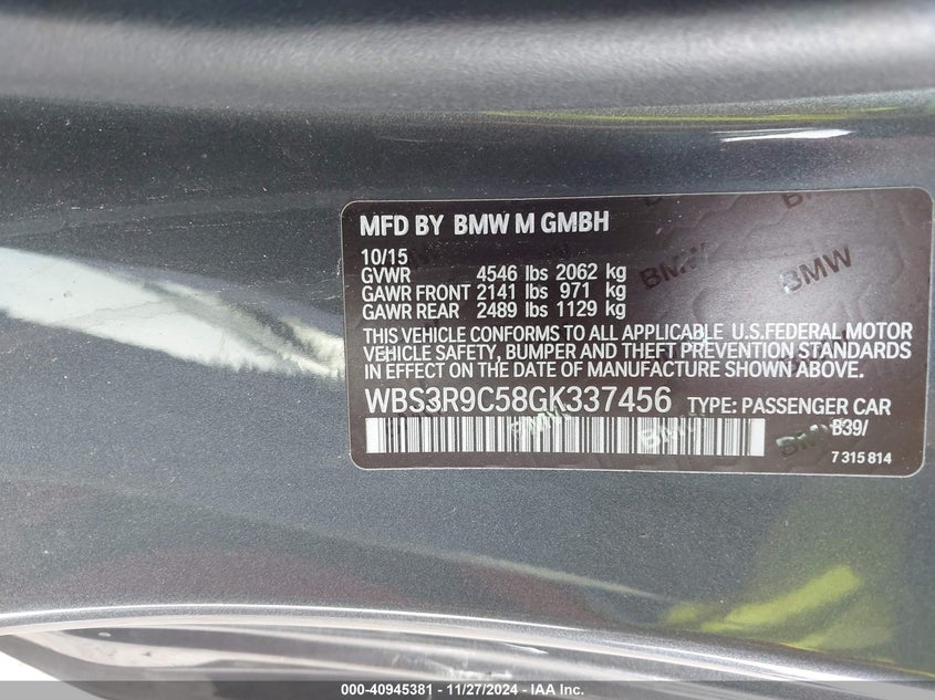 2016 BMW M4 VIN: WBS3R9C58GK337456