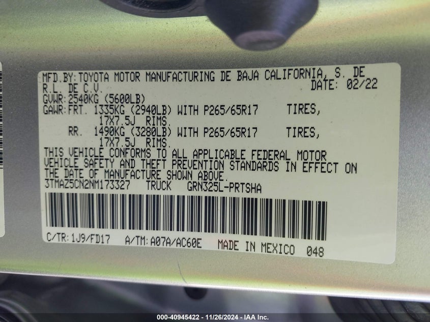 2022 TOYOTA TACOMA VIN: 3TMAZ5CN2NM173327