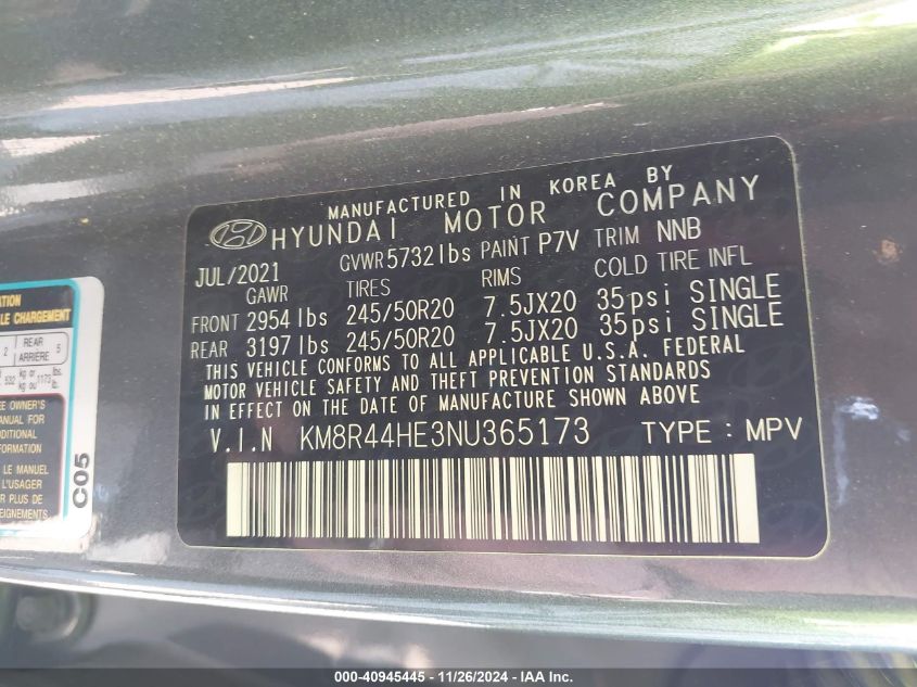 2022 Hyundai Palisade Sel VIN: KM8R44HE3NU365173 Lot: 40945445