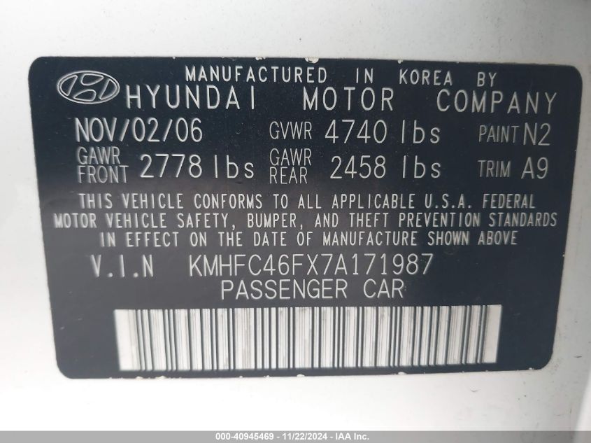 2007 Hyundai Azera Limited/Se VIN: KMHFC46FX7A171987 Lot: 40945469