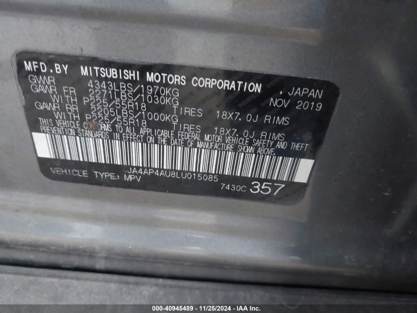 2020 Mitsubishi Outlander Sport 2.0 Se VIN: JA4AP4AU8LU015085 Lot: 40945489