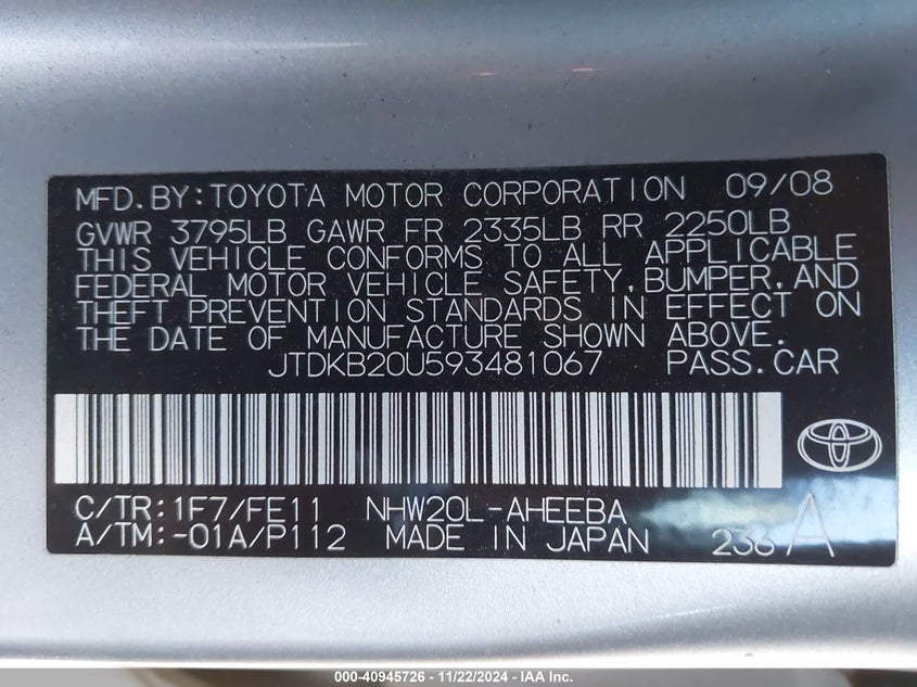 2009 TOYOTA PRIUS VIN: JTDKB20U593481067