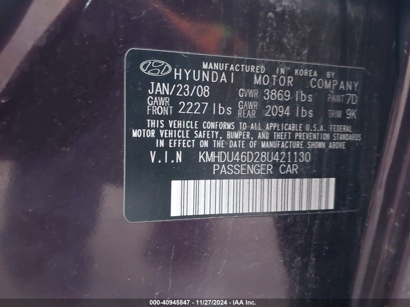 2008 HYUNDAI ELANTRA VIN: KMHDU46D28U421130
