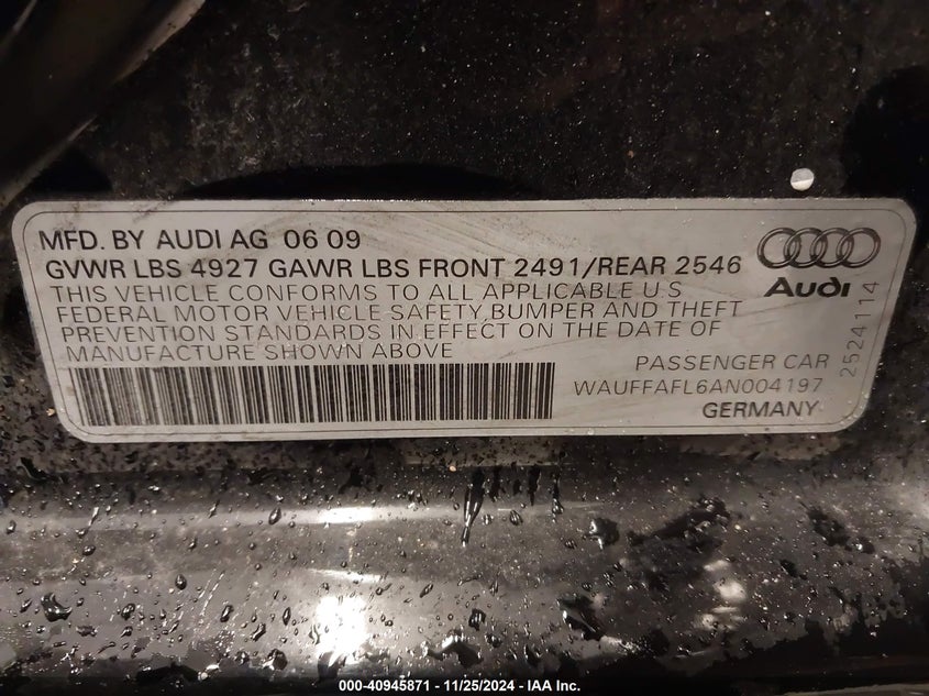2010 AUDI A4 VIN: WAUFFAFL6AN004197