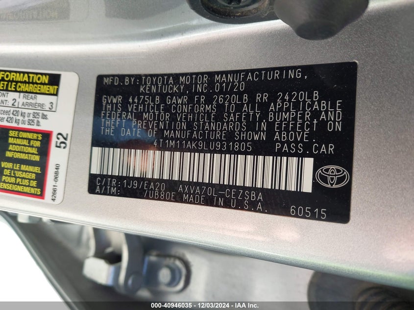 2020 TOYOTA CAMRY VIN: 4T1M11AK9LU931805