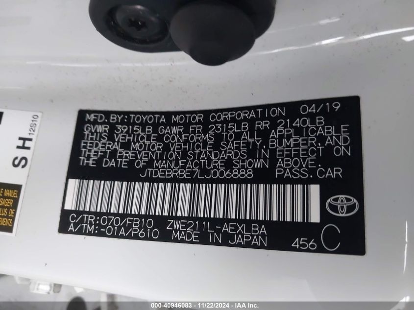 2020 Toyota Corolla Hybrid Le VIN: JTDEBRBE7LJ006888 Lot: 40946083