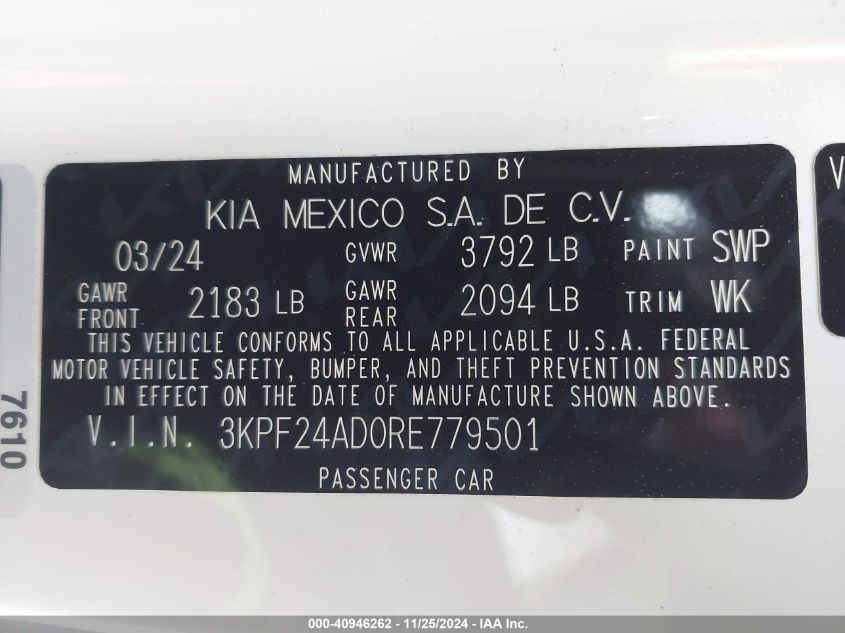 2024 Kia Forte Lxs VIN: 3KPF24AD0RE779501 Lot: 40946262