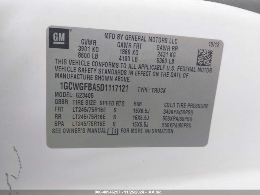 VIN 1GCWGFBA5D1117121 2013 Chevrolet Express 2500,... no.9