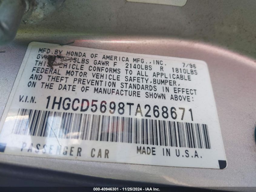 1996 Honda Accord Value VIN: 1HGCD5698TA268671 Lot: 40946301