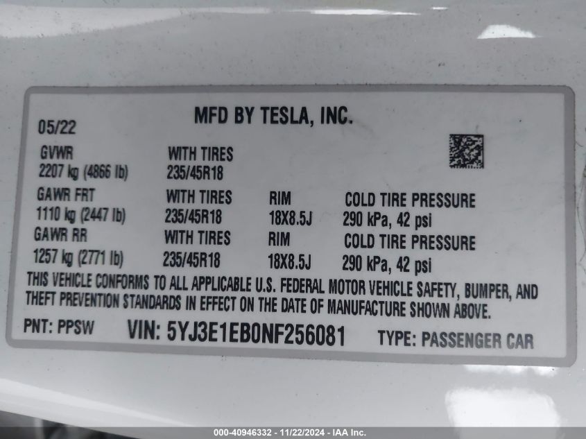 2022 Tesla Model 3 Long Range Dual Motor All-Wheel Drive VIN: 5YJ3E1EB0NF256081 Lot: 40946332