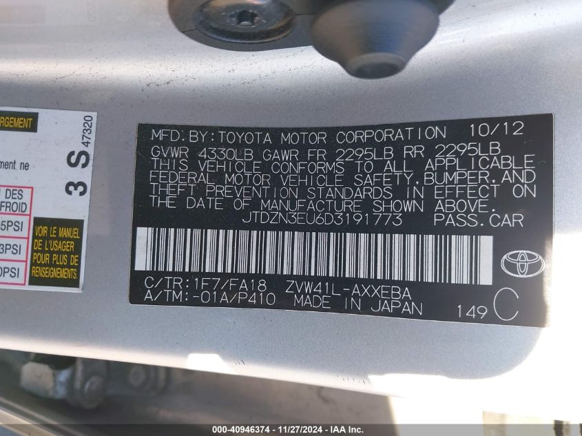 VIN JTDZN3EU6D3191773 2013 TOYOTA PRIUS V no.9