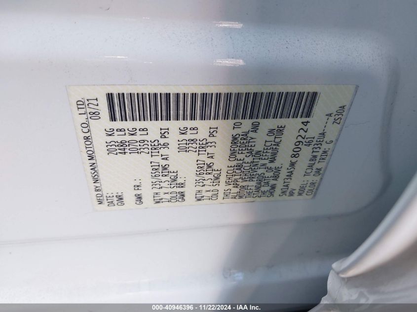 2021 Nissan Rogue S Fwd VIN: 5N1AT3AA5MC809224 Lot: 40946396